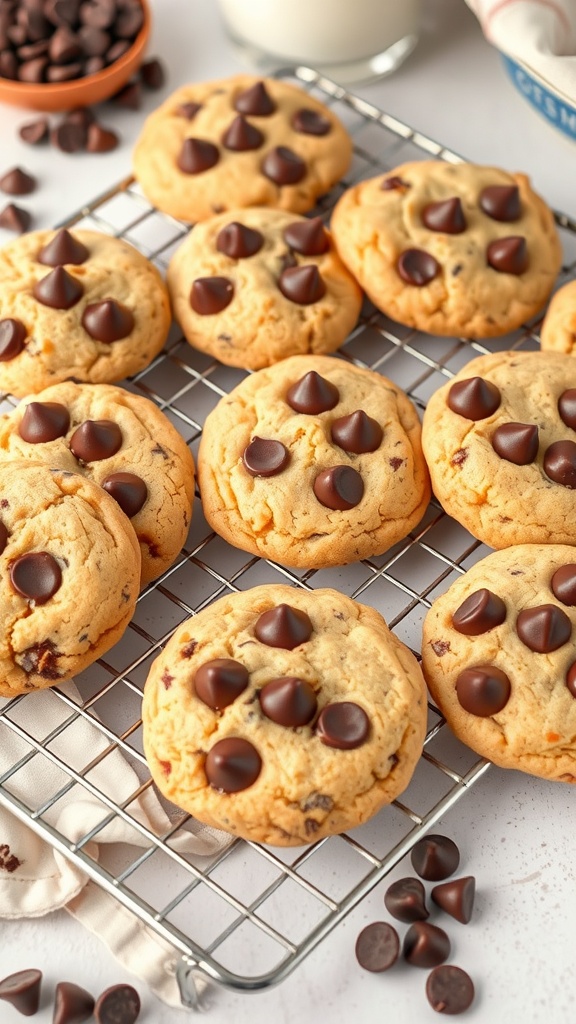 Golden brown chocolate chip cookies cooling on a rack with chocolate chips and a glass of milk.